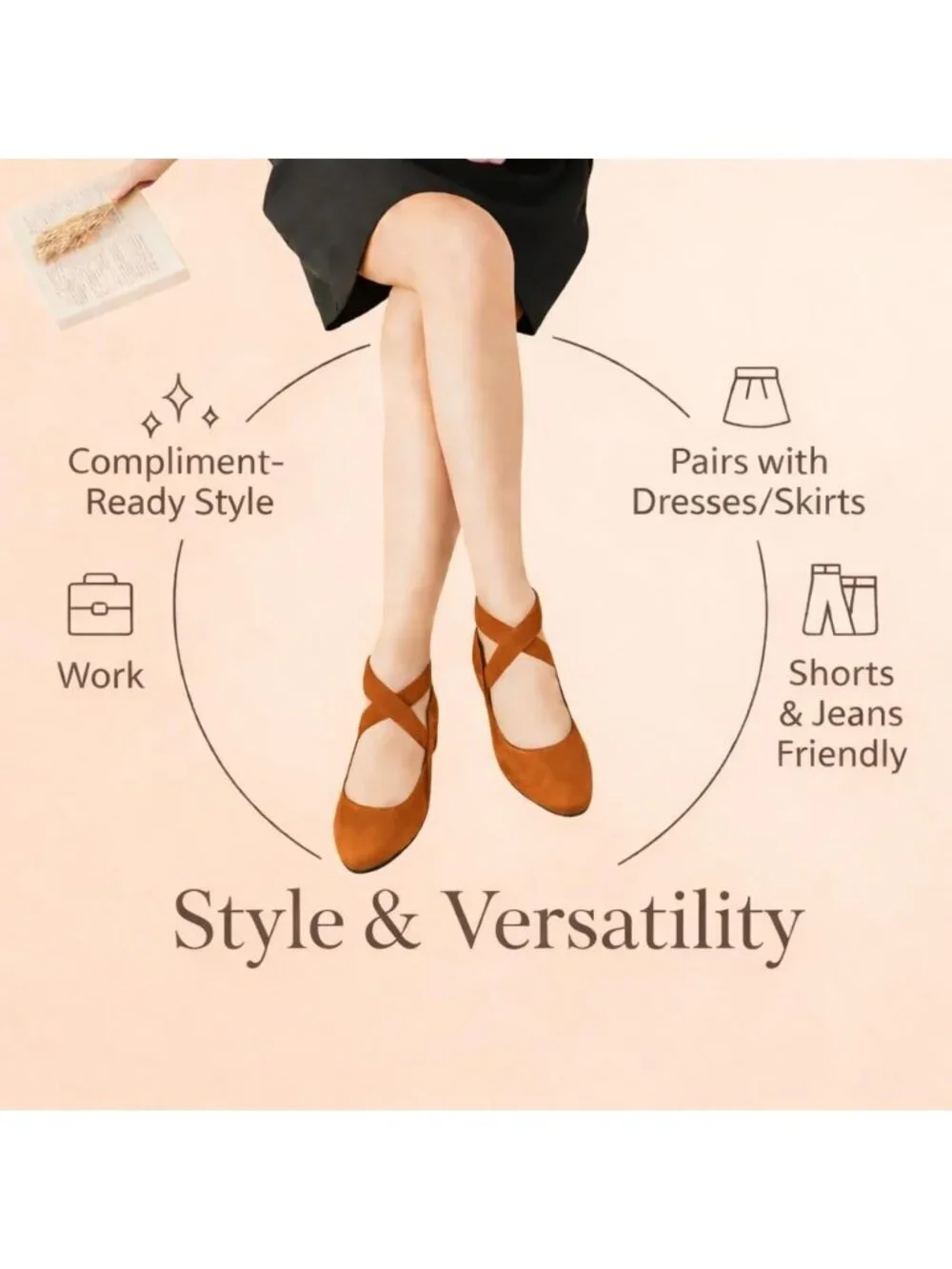 Women's Brown Foam Cushioned Closed Toe Criss Cross Elastic Strap Flat Shoes